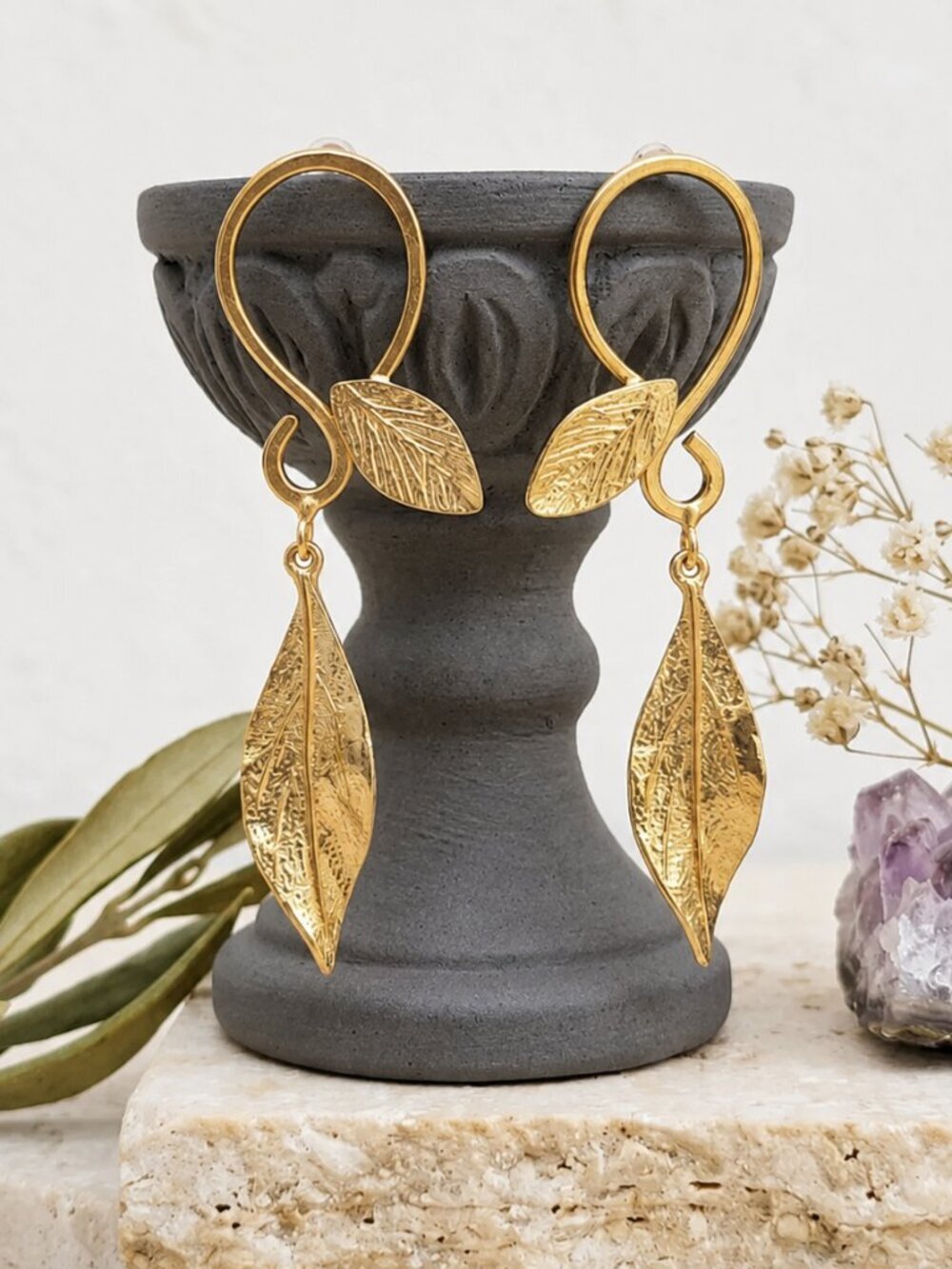 Turkish Gold Leaf Drop Earrings 18K Plated Brass Boho Statement Dangle Handmade